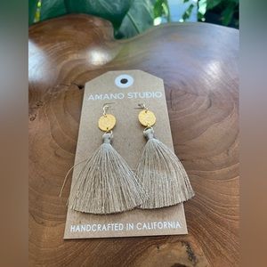 Taupe tassel and hammered gold earrings